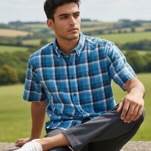 Marks & Spencer Blue Harbour Blue Gray Plaid Mens Medium Shirt
